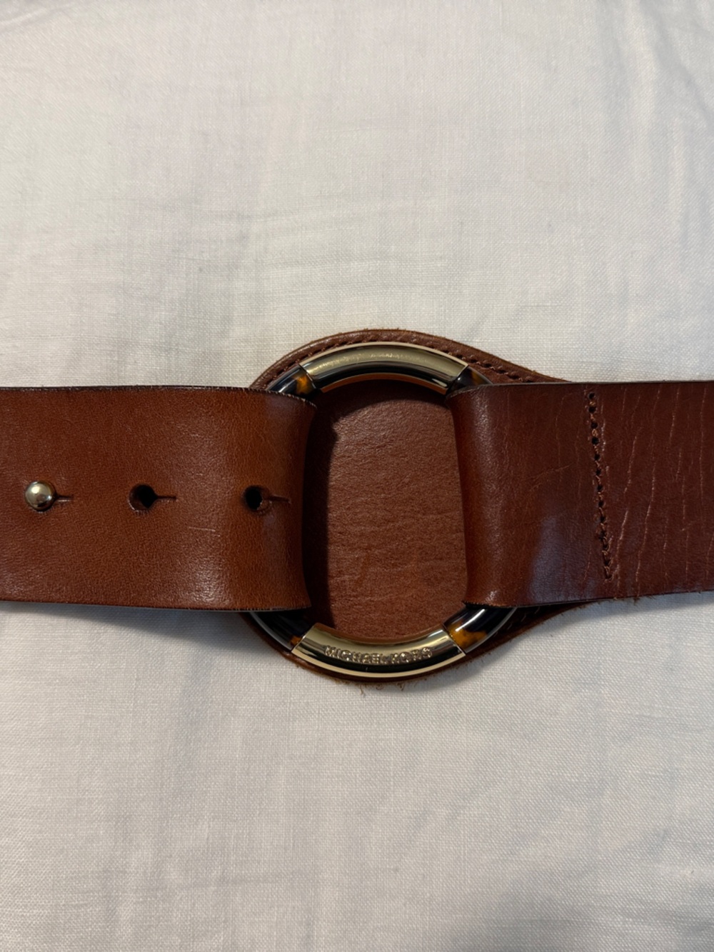 Michael Kors Brown Leather Belt with Gold and Tortoise Ring Buckle